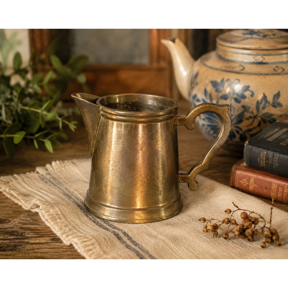Vintage Brass Creamer‎ Pitcher Built-In Strainer Colonial Farmhouse India 3"
